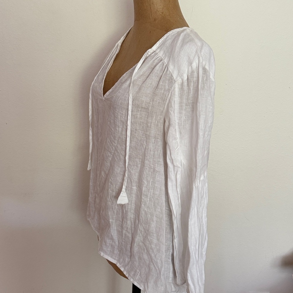 Anthropologie sz S 100% linen white  Maeve Blouse v neck ties pleats great cond - Picture 6 of 9